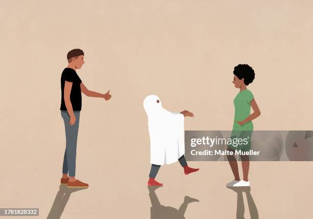 parents watching daughter playing in ghost costume - ghost player stock illustrations