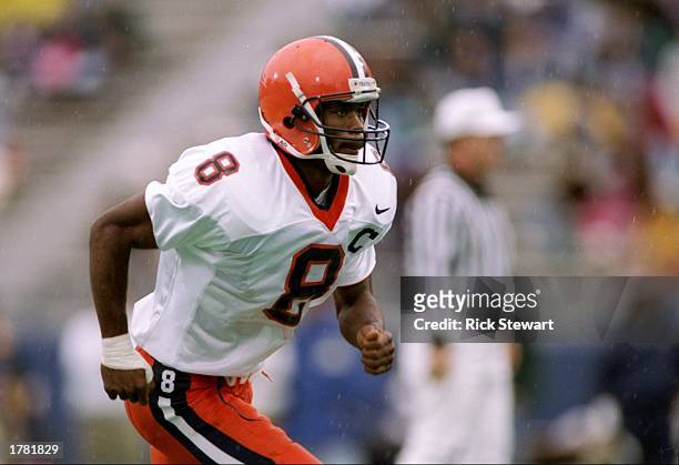 Wide receiver Marvin Harrison of the Syracuse Orangemen in action during a game against the Pittsburgh Panthers at Pittsburgh Stadium in Pittsburgh,...