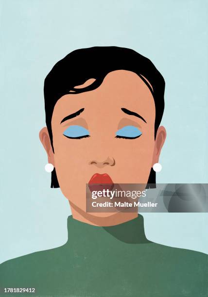 close up woman with closed eyes puckering lips - pursed lips stock illustrations