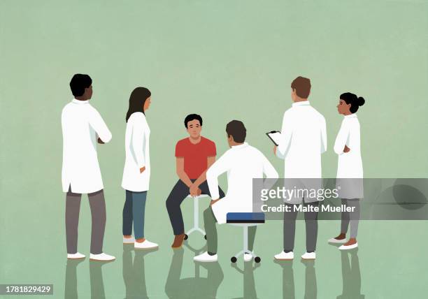 doctors and residents studying, listening to patient in hospital - education stock illustrations