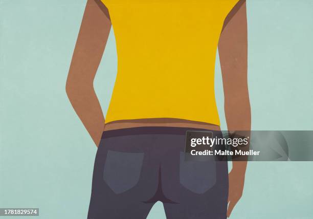 smart phone in back pocket of young woman wearing jeans - hosentasche stock-grafiken, -clipart, -cartoons und -symbole