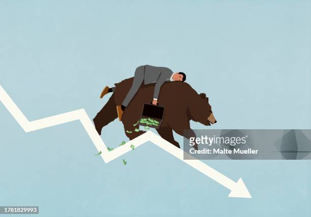sleeping male investor with money briefcase riding bear down descending stock market arrow - commercial activity stock illustrations