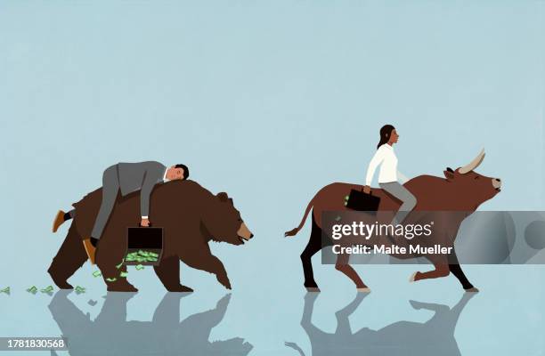 investors riding bull and bear market with money briefcase - bull bear stock-grafiken, -clipart, -cartoons und -symbole