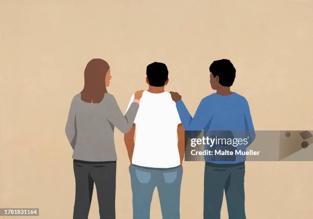 illustrations, cliparts, dessins animés et icônes de friends supporting man, touching shoulders - consoler et se consoler