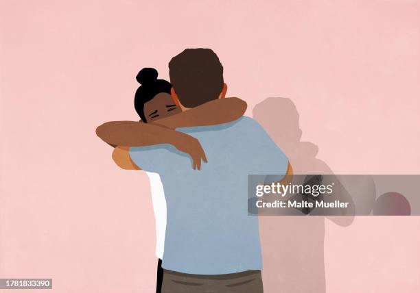 couple hugging, boyfriend comforting girlfriend on pink background - man standing stock illustrations