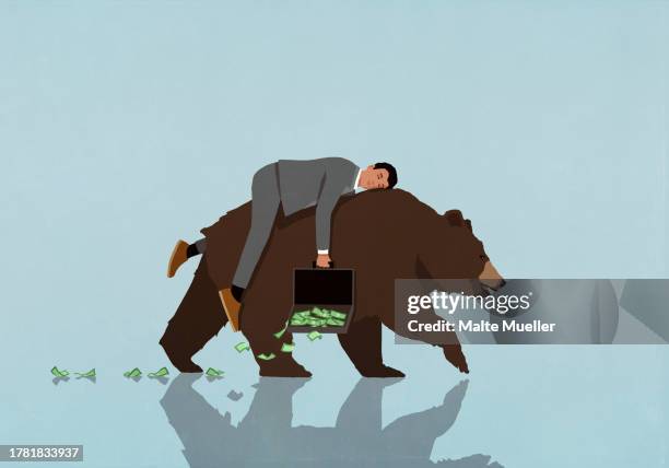 sleeping male investor with money spilling from briefcase riding bear market - wall street 幅插畫檔、美工圖案、卡通及圖標