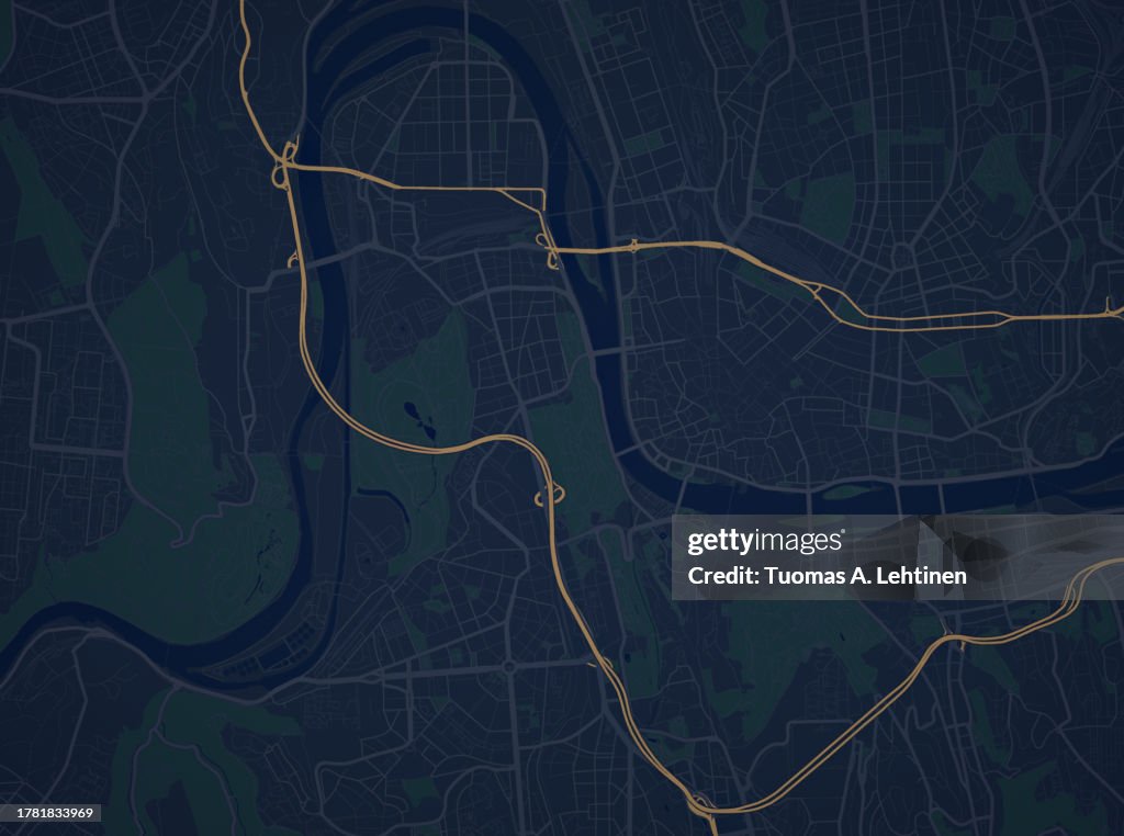 Illustrative map of a fictional city in dark tones.