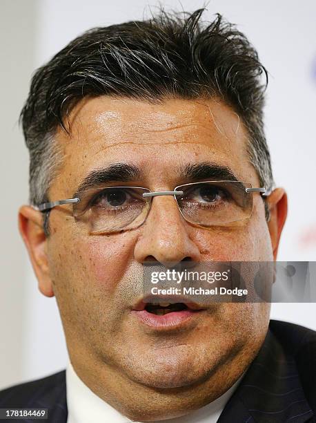 Andrew Demetriou speaks at the media conference for the Essendon Bombers AFL Commission Hearing at AFL House on August 27, 2013 in Melbourne,...