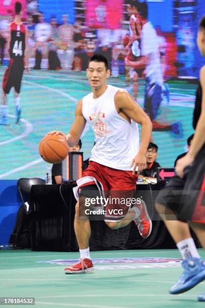 American professional basketball players Jeremy Lin of the Houston Rockets attends a basketball training camp at MasterCard Center on August 27, 2013...