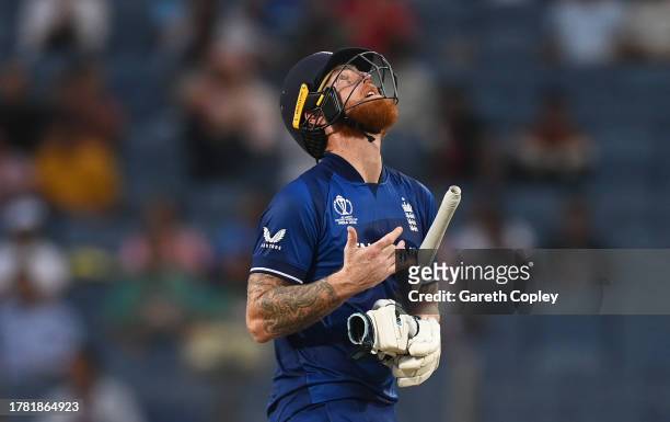 Ben Stokes of England celebrates his century during the ICC Men's Cricket World Cup India 2023 between England and Netherlands at MCA International...