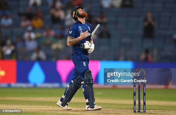 Ben Stokes of England celebrates his century during the ICC Men's Cricket World Cup India 2023 between England and Netherlands at MCA International...