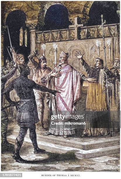 old engraved illustration of murder of thomas becket, saint thomas of canterbury, thomas of london and later thomas à becket (21 december 1119 or 1120 – 29 december 1170), served as lord chancellor from 1155 to 1162, and then as archbishop of canterbury - geestelijken stockfoto's en -beelden