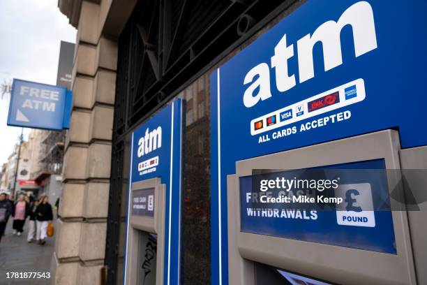 Free ATM cash withdrawal machines on 13th November 2023 in London, United Kingdom. ATM machines aka automated teller machines are where people are...