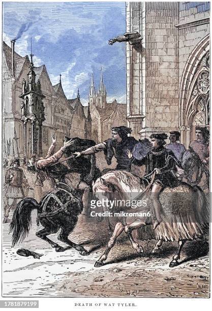 old engraving illustration of death of walter "wat" tyler, the leader of the peasants’ revolt of 1381 - winchester england stock pictures, royalty-free photos & images