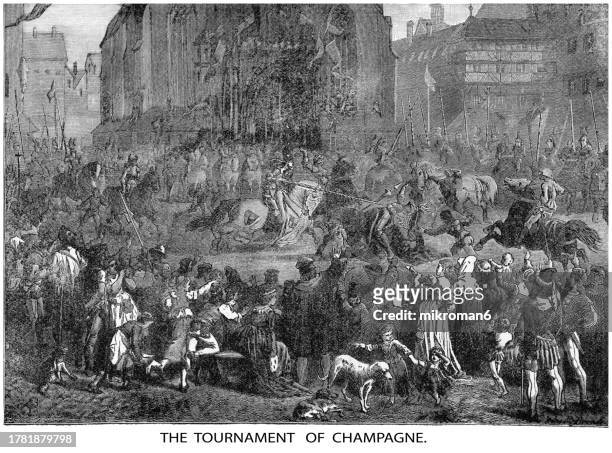 old engraved illustration of the tournament of champagne (the region within the historical province of champagne in the northeast of france) - champagne province stock pictures, royalty-free photos & images