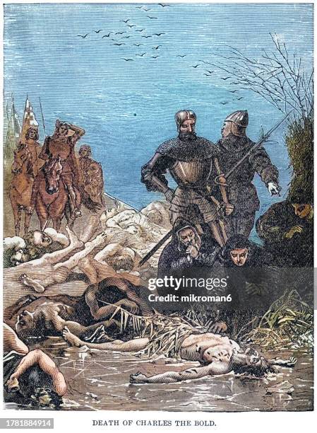 old engraved illustration of the death of charles the bold in battle at nancy, 1477. charles the bold, baptized charles martin, 1433 – 1477. duke of burgundy. - fallen lord stock pictures, royalty-free photos & images