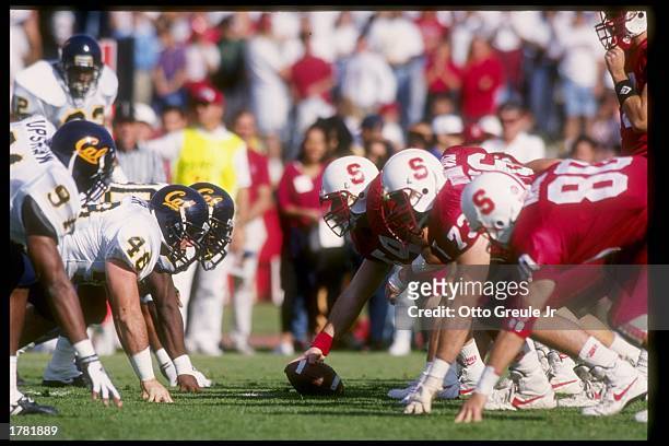 Several Stanford Cardinal and California Golden Bears players in action during a game. Mandatory Credit: Otto Greule /Allsport