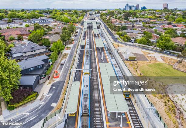 aerial view looking down on melbourne's new union station with new public space - rail transportation stock pictures, royalty-free photos & images