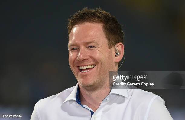 Eoin Morgan looks on during the ICC Men's Cricket World Cup India 2023 between England and Netherlands at MCA International Stadium on November 08,...