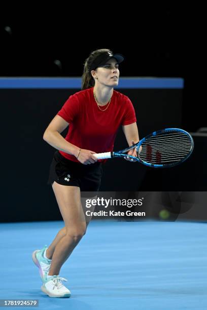 Maia Lumsden in training prior to the Billie Jean King Cup Play-Off match between Great Britain and Sweden at Copper Box Arena on November 08, 2023...