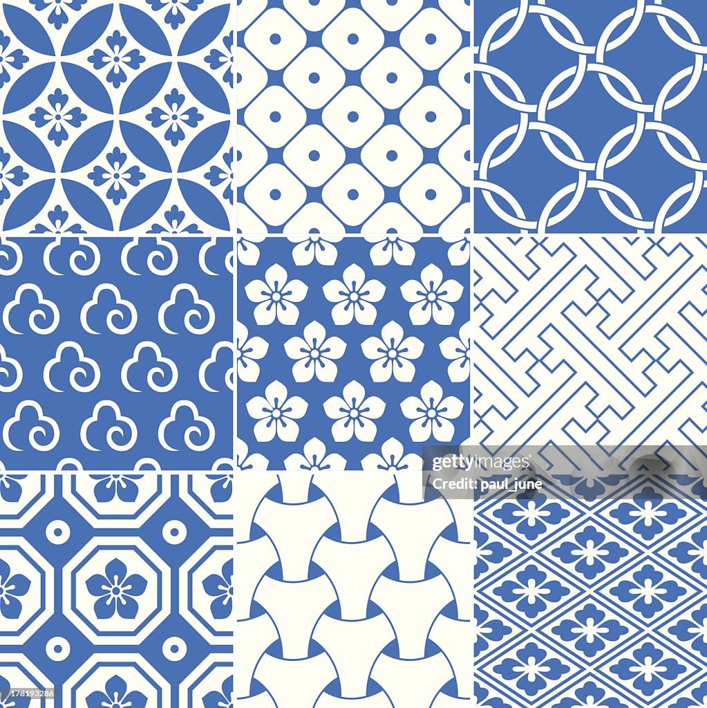 Blue and white geometric pattern squares