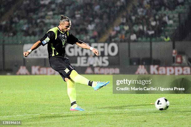 Lorenzo Del Prete of FC Crotone in action during the Serie B match between AC Siena and FC Crotone at Stadio Artemio Franchi on August 24, 2013 in...