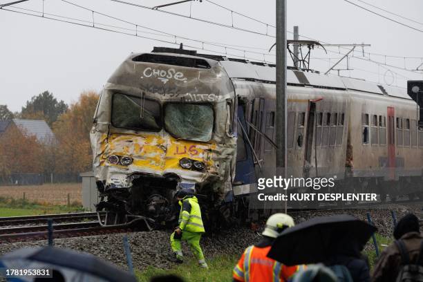 Illustration picture shows the scene of a traffic accident, where a truck and a train collided in Koolskamp, Ardooie on Tuesday 14 November 2023....