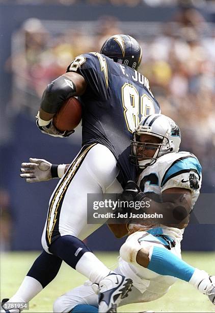 Linebacker Michael Barrow of the Carolina Panthers and Freddie Jones of the San Diego Chargers in action during a game at Qualcomm Stadium in San...