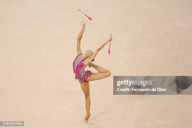 Carmel Kallemaa of Team Canada competes on Rhythmic Gymnastics - Individual Clubs Final on Day 15 of Santiago 2023 Pan Am Games on November 04, 2023...