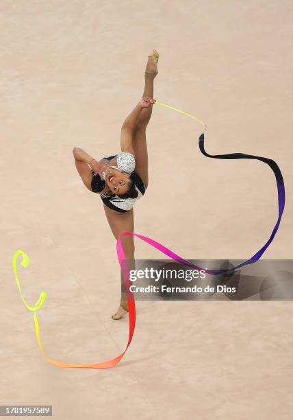 Javiera Rubilar Sanhueza of Team Chile competes on Rhythmic Gymnastics - Individual Ribbon Final on Day 15 of Santiago 2023 Pan Am Games on November...