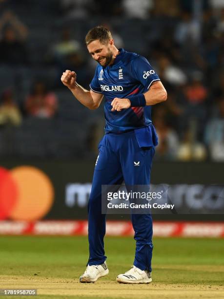 Chris Woakes of England celebrates the wicket of Max O'Dowd of Netherlands during the ICC Men's Cricket World Cup India 2023 between England and...