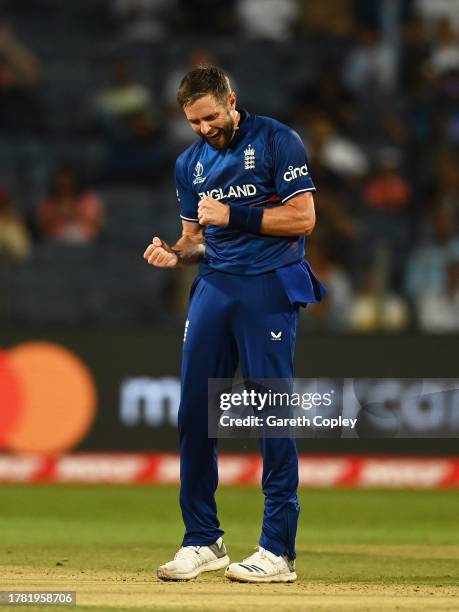 Chris Woakes of England celebrates the wicket of Max O'Dowd of Netherlands during the ICC Men's Cricket World Cup India 2023 between England and...