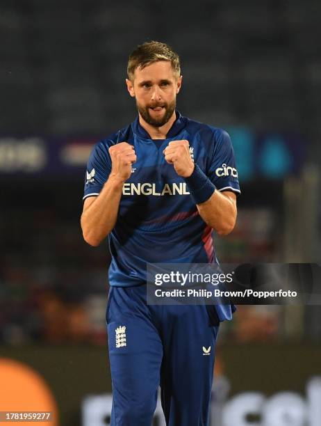 Chris Woakes of England celebrates after dismissing Max O'Dowd during the ICC Men's Cricket World Cup India 2023 between England and Netherlands at...