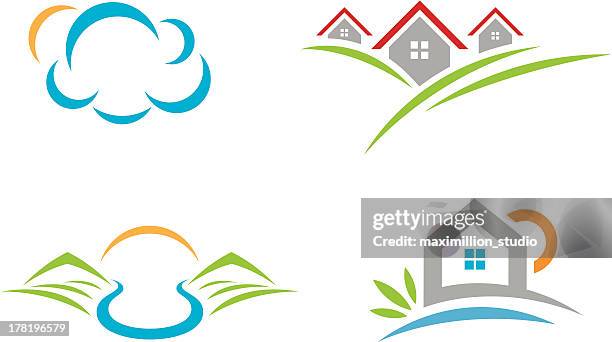 natural beauty landscape logo social community and village life - animal family stock illustrations