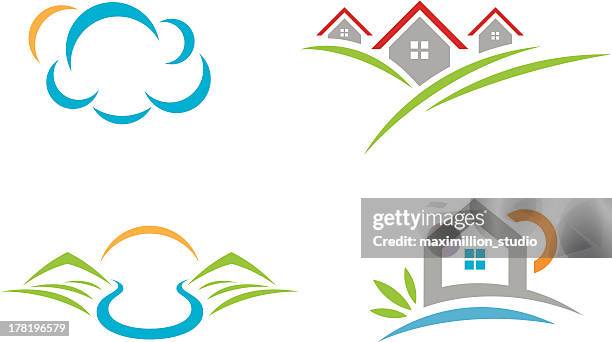 natural beauty landscape logo social community and village life - home community icon stock illustrations