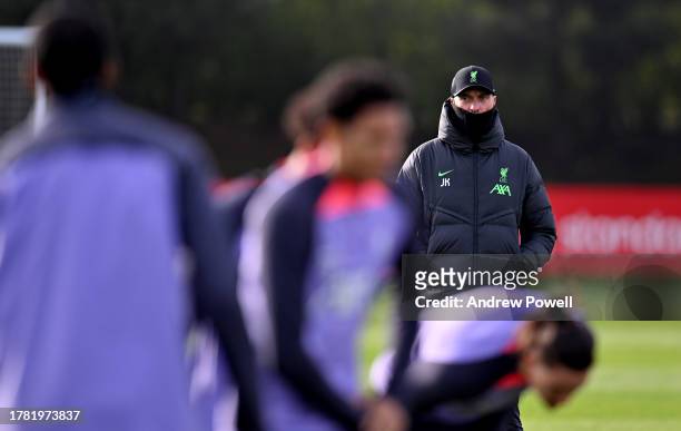 Jurgen Klopp manager of Liverpool during a training session prior the Toulouse FC and Liverpool FC UEFA Europa League match at Axa Training Centre on...