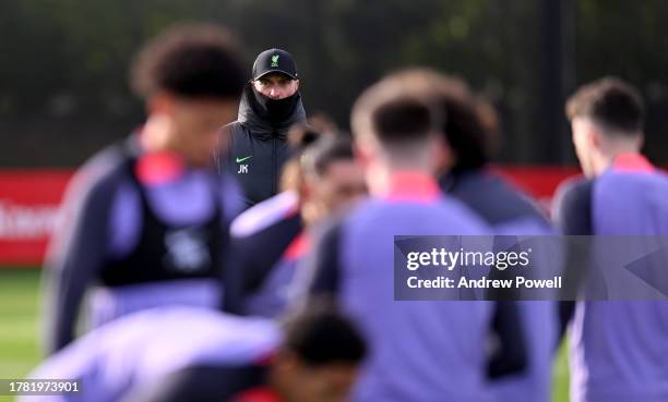 Jurgen Klopp manager of Liverpool during a training session prior the Toulouse FC and Liverpool FC UEFA Europa League match at Axa Training Centre on...