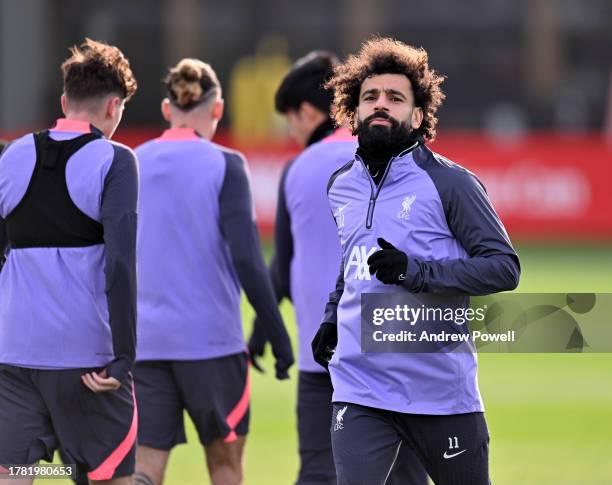 Mohamed Salah of Liverpool during a training session prior the Toulouse FC and Liverpool FC UEFA Europa League match at Axa Training Centre on...