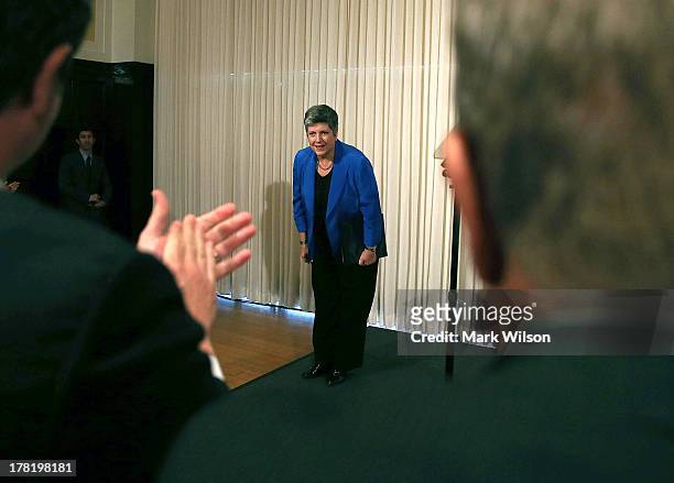 Homeland Security Secretary Janet Napolitano bows after delivering her farewell speech at the National Press Club August 27, 2013 in Washington, DC....