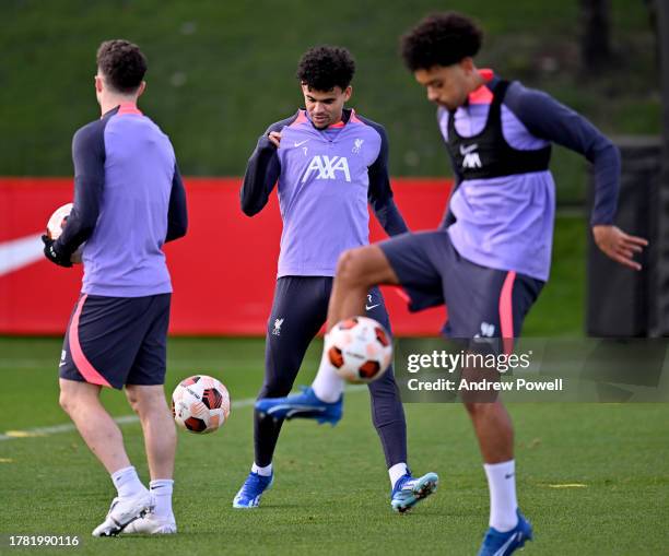 Luis Diaz of Liverpool during a training session prior the Toulouse FC and Liverpool FC UEFA Europa League match at Axa Training Centre on November...