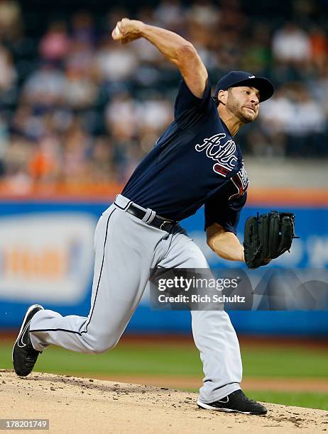 Pitcher Brandon Beachy of the Atlanta Braves delivers a pitch against the New York Mets during a game on August 20, 2013 at Citi Field in the...