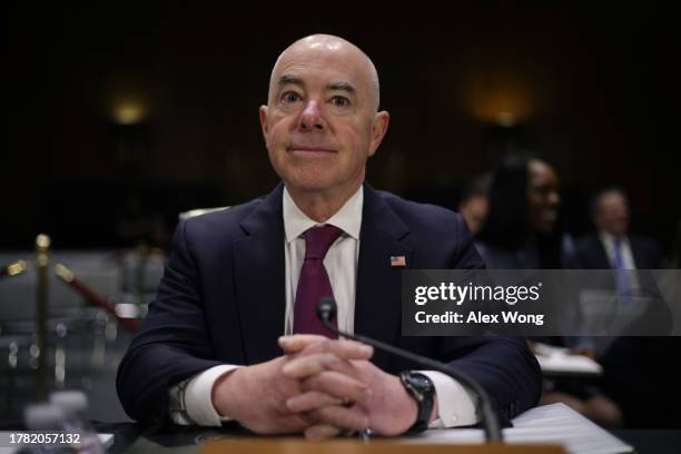 Secretary of Homeland Security Alejandro Mayorkas waits for the beginning of a hearing before Senate Appropriations Committee at Dirksen Senate...
