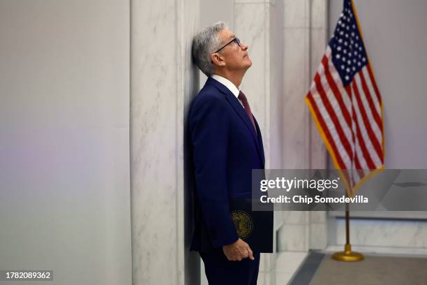 Fed Chairman Jerome Powell prepares to deliver remarks to the The Federal Reserve's Division of Research and Statistics Centennial Conference on...