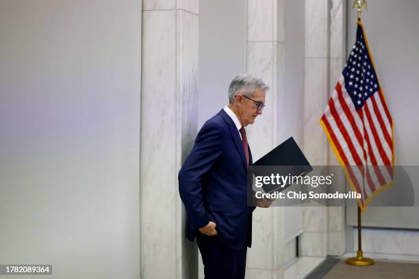 Fed Chairman Jerome Powell prepares to deliver remarks to the The Federal Reserve's Division of Research and Statistics Centennial Conference on...