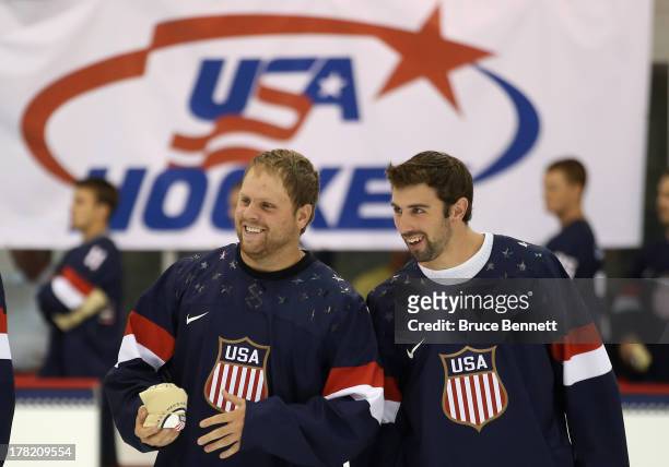 Phil Kessel and Nick Leddy take part in a press conference introducing the 2014 USA Hockey Olympic Team candidates at the Kettler Capitals Iceplex on...