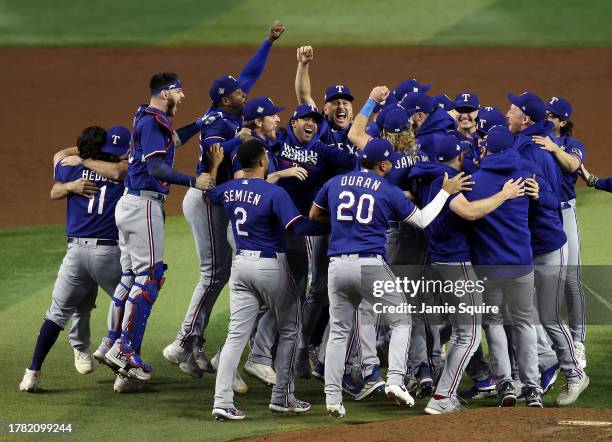 The Texas Rangers celebrate after beating the Arizona Diamondbacks 5-0 in Game Five to win the World Series at Chase Field on November 01, 2023 in...