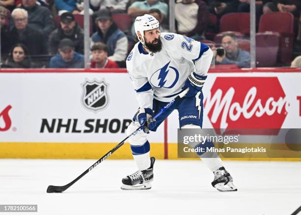 Zach Bogosian of the Tampa Bay Lightning skates during the first period against the Montreal Canadiens at the Bell Centre on November 7, 2023 in...