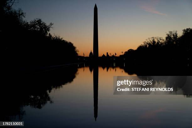 The US Capitol and Washington Monument in Washington, DC, on November 14, 2023. Congress has a November 17, 2023 deadline to vote on government...