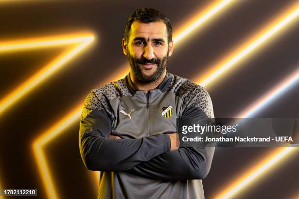 Mak Lind, Head Coach of BK Hacken, poses for a portrait during the UEFA Women's Champions League Official Portraits shoot at on November 02, 2023 in...