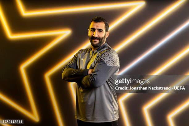 Mak Lind, Head Coach of BK Hacken, poses for a portrait during the UEFA Women's Champions League Official Portraits shoot at on November 02, 2023 in...